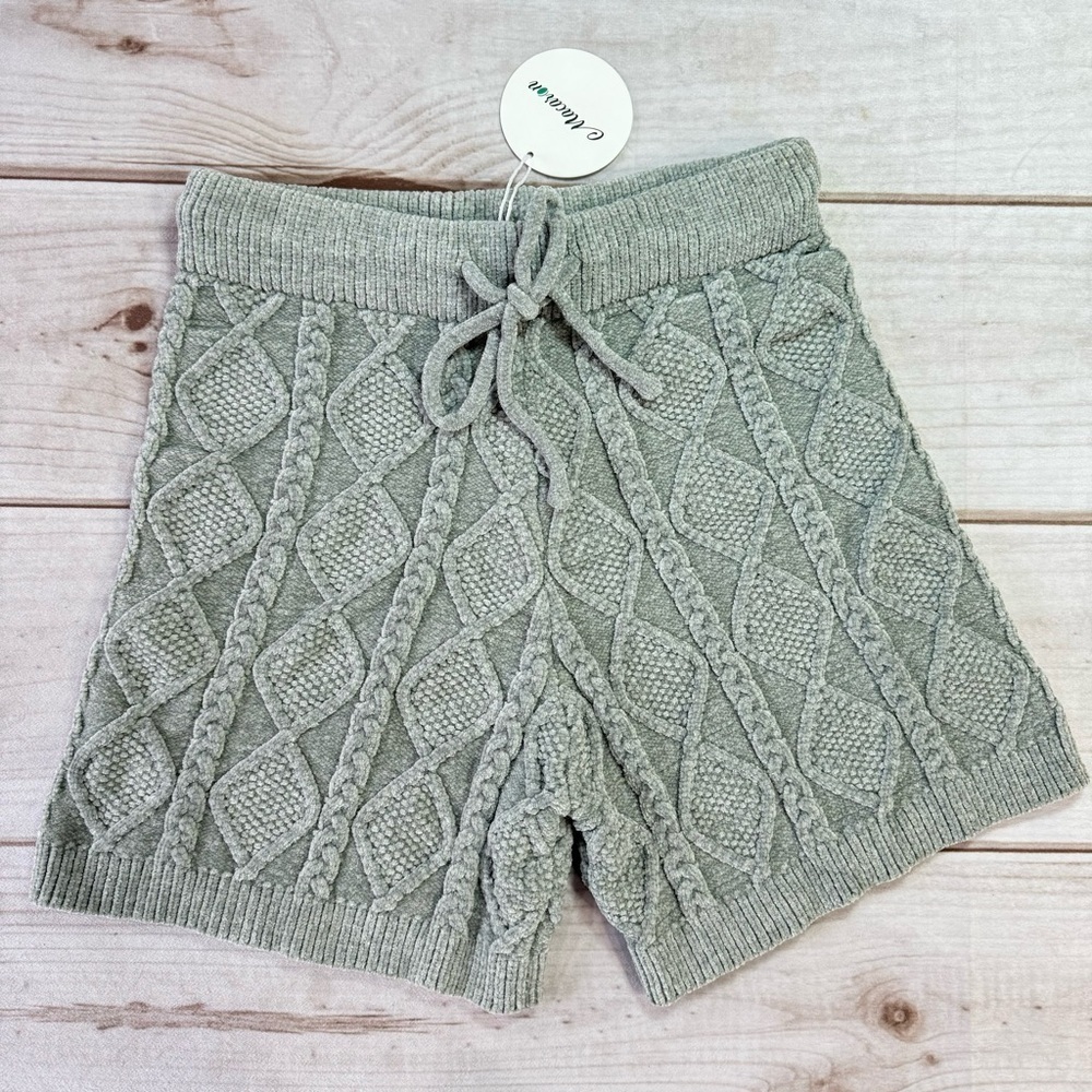 Sage Green Shorts Cable Knit Chenille Sweater Drawstring Waist Cottagecore Small